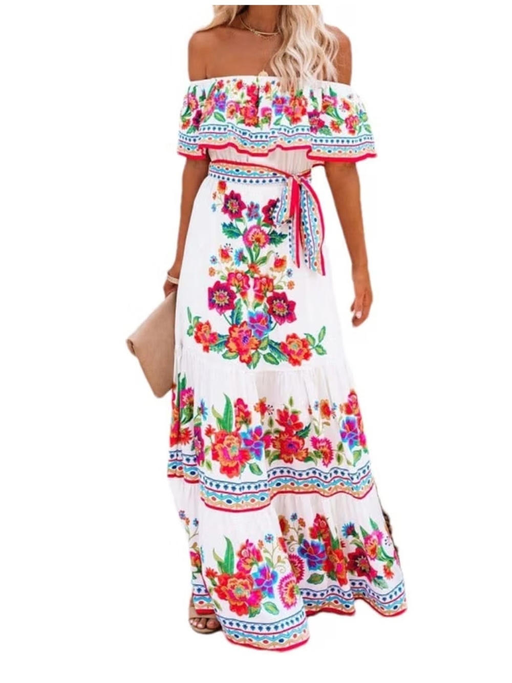 White Off-Shoulder Floral Maxi Dress with Belt L